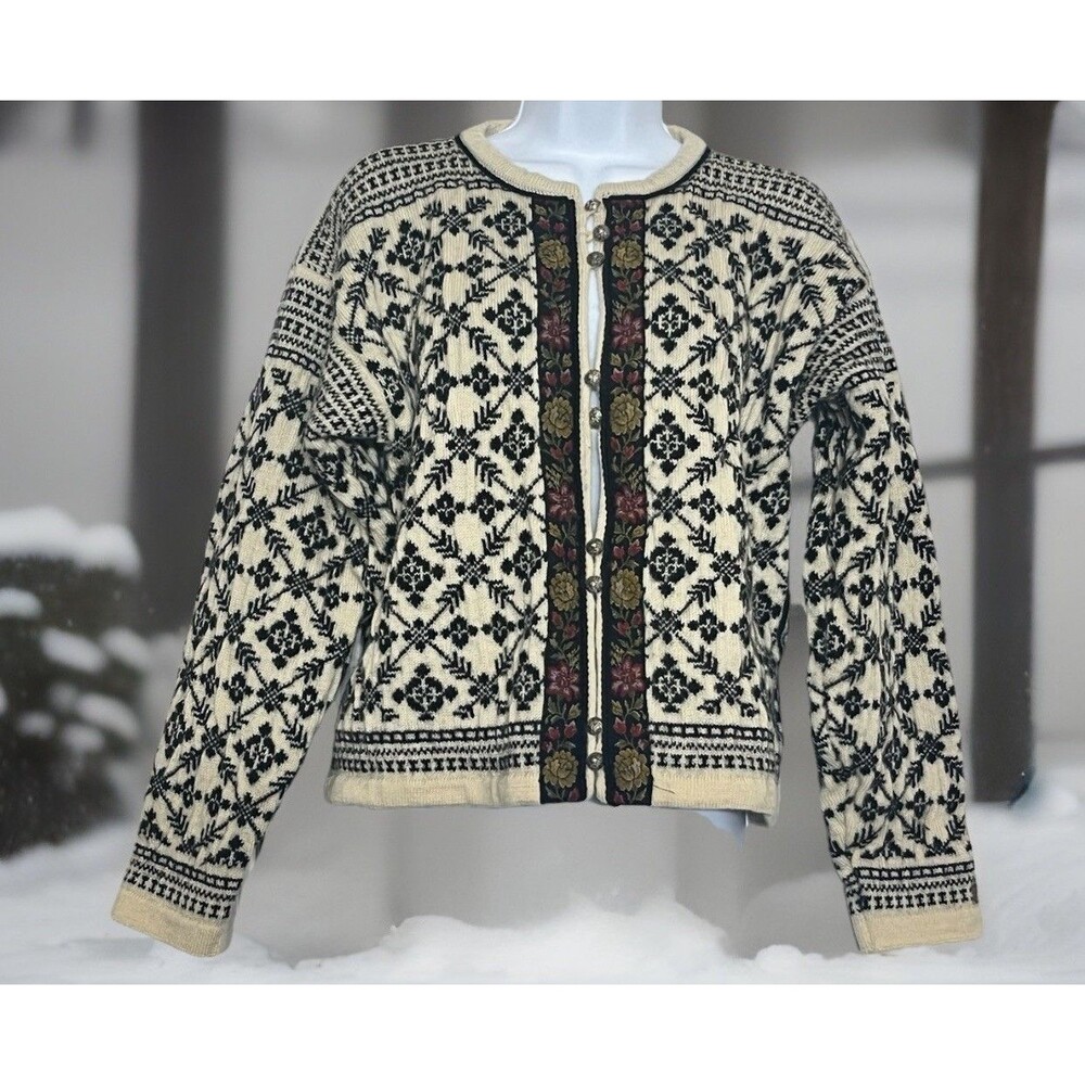 Dale of Norway Wool Cardigan Sweater L Nordic Fair Isle Button Front Cream 90s
